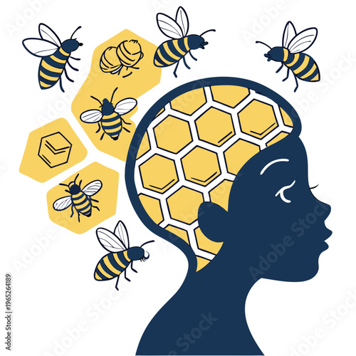 Bee Mind: Honeycomb Thought Process Illustration