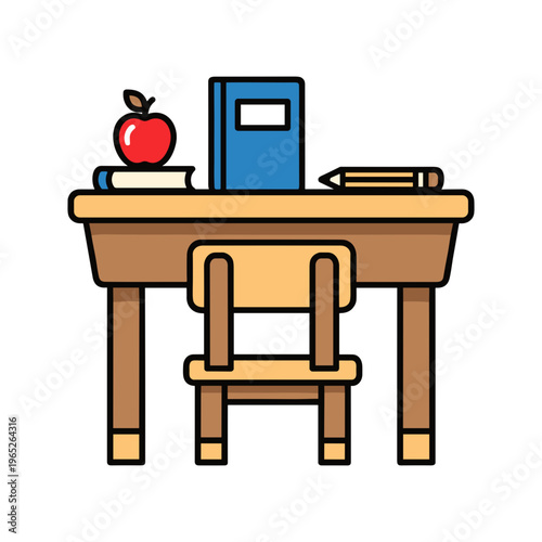 School desk with chair and supplies.