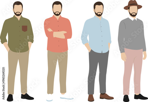 Modern bearded men in casual fashion featuring button-down shirts and stylish hat flat vector character set