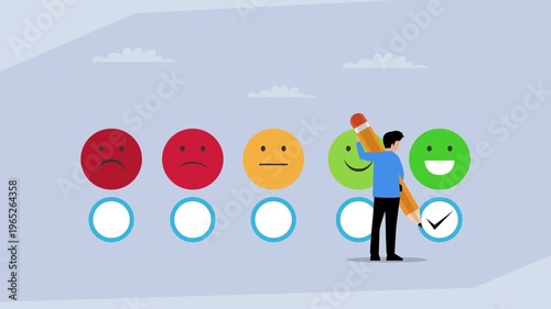 Man Giving Positive Feedback on Customer Satisfaction Survey with Emoticons and Pencil Concept cartoon animation