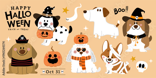 Happy halloween invitation card with cute puppy and dog in ghost party costumes. Animals holidays cartoon character. -Vector 
