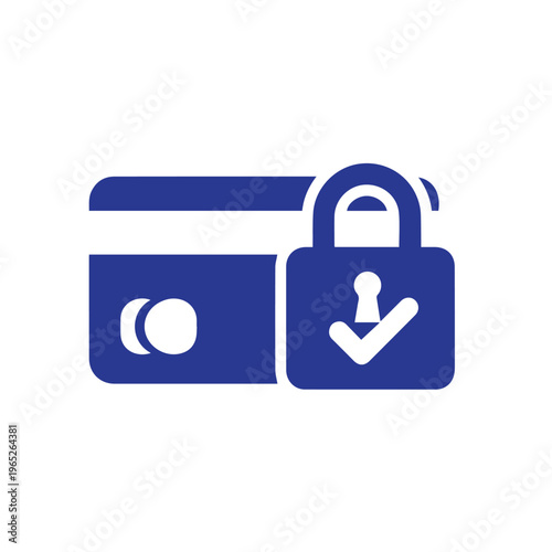 Blue graphic icon represents verified and secure online payment transaction using a credit card.