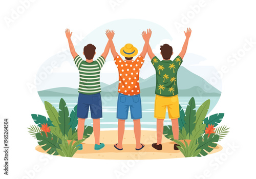Three friends on beach with hands raised in celebration