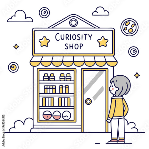 Curiosity Shop Illustration: Whimsical Storefront with Observer