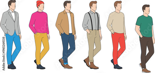 Modern men's smart casual fashion set featuring urban street style, blazers, sweaters, and suspenders flat vector character collection
