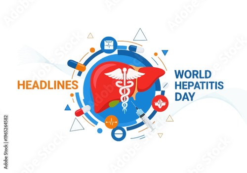 World hepatitis day poster with a liver and medical symbols
