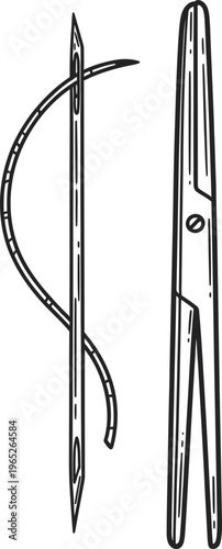 Surgical Needle And Thread Medical Suture Hand Drawn Line Art