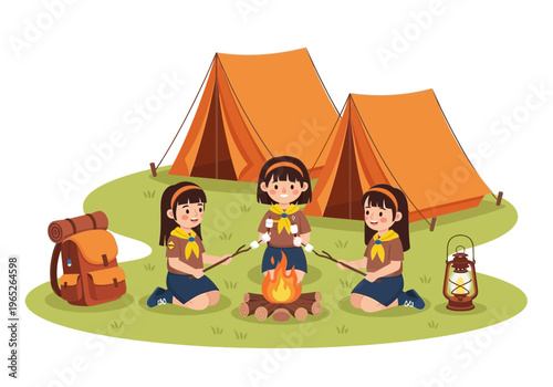 Three girls camping outdoors with tents and campfire on green grass
