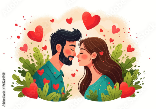 Romantic couple illustration with hearts and green leaves