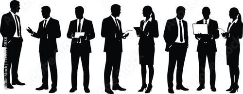 Professional business people silhouettes set featuring diverse corporate figures with laptops and tablets for office and architectural visualization