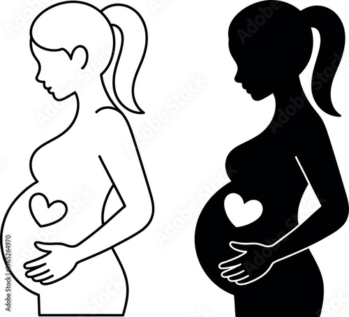 Pregnant women depicted in contrasting silhouette and line art styles holding their belly