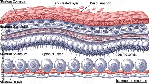 Human Skin Layers Anatomy Diagram Showing Stratum Corneum, Granulosum, Spinosum and Basale with Cellular Structure, Dermatology and Medical Biology Educational Illustration