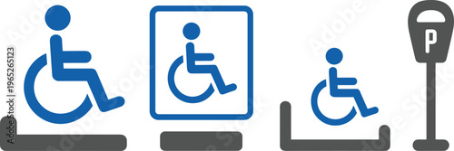 Minimalist accessibility icon set featuring wheelchair symbols and disabled parking sign, universal access signage, inclusive design for public spaces