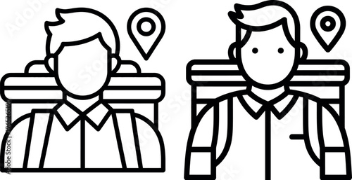 Two hikers with backpacks and location markers above their heads