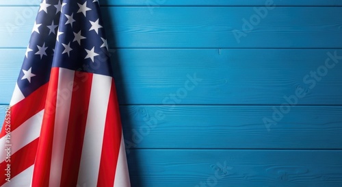 Memorial day tribute with american flag on blue wooden background