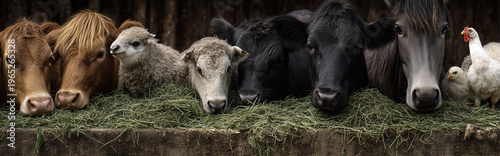 Farm Animals Eating Green Haylage from Trough Cows Horses Sheep Goats and Chickens Close Up Scene