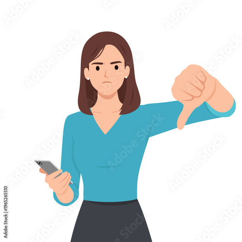 Unhappy woman holding smartphone showing thumbs down gesture disapproval. Flat vector illustration isolated on white background