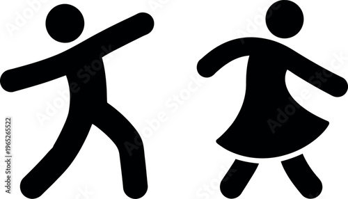 Two stylized stick figure icons representing male and female running or dancing.