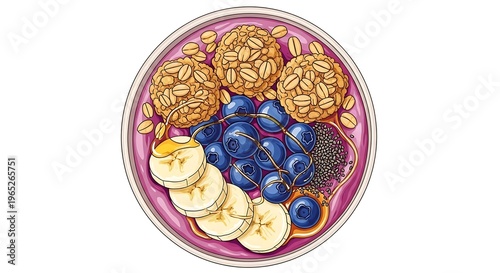 A bowl of oatmeal with blueberries and sliced bananas