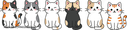 Cute kawaii kittens set with diverse fur patterns including calico and tabby flat vector chibi cat illustration