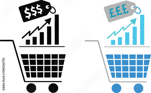 Shopping Cart with Rising Price Bar Chart Illustration
Minimalist Economic Inflation and Cost of Living Icons