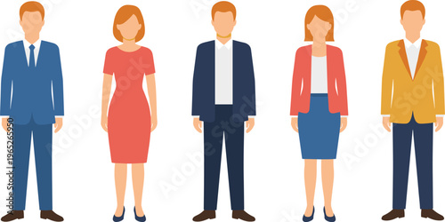 Diverse business professionals in formal corporate attire and smart office wear featuring blazers and sheath dress flat vector character set