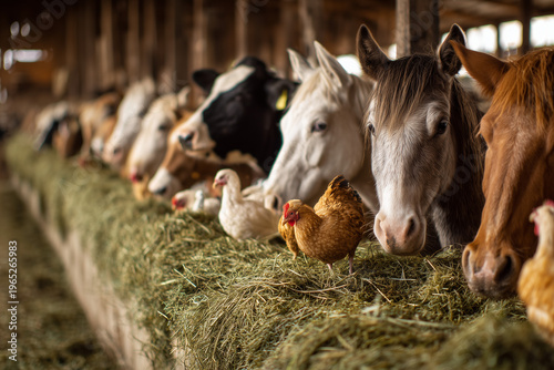 Farm Animals Eating Green Haylage from Trough Cows Horses Sheep Goats and Chickens Close Up Scene