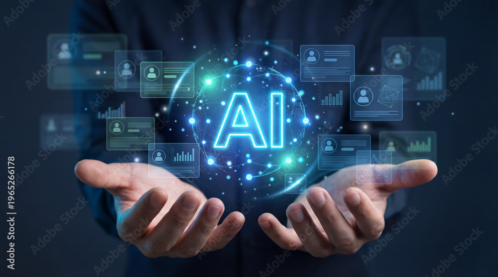 Fototapeta premium Artificial intelligence concept with glowing ai text and futuristic digital technology interface