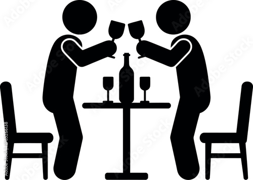 Two individuals clinking wine glasses over a small table in a social setting