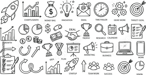 Ultimate Startup and Business Strategy Doodle Set
Minimalist Entrepreneurship and Finance Line Art. Whimsical Corporate Success and Leadership Doodles.
