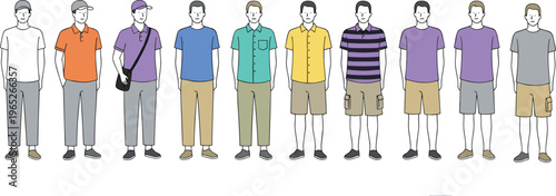 Diverse group of elementary school children and young students standing with backpacks for education and back to school flat vector