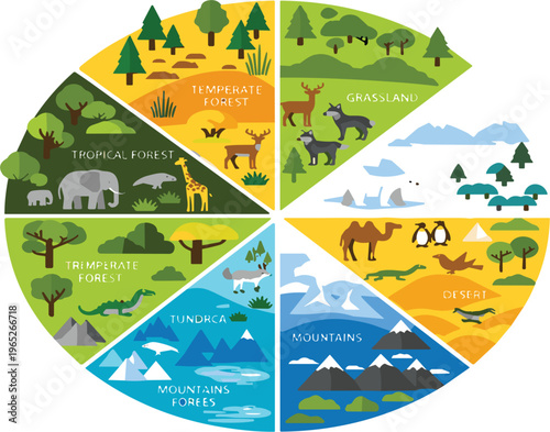 World Biomes Ecosystem Chart Vector Illustration Showing Tropical Forest, Temperate Forest, Grassland, Desert, Tundra, Mountains and Global Habitat Types
