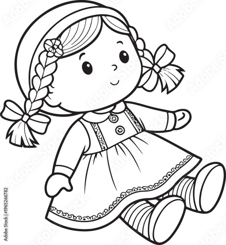 Doll Toy Hand-drawn Sketch Drawing Vector Illustration, Line Linear Symbol Black and White Engraving, Isolated
