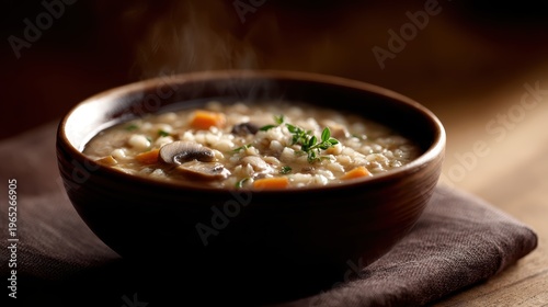 Mushroom barley soup, earthy tones, healthy grains, professional food styling