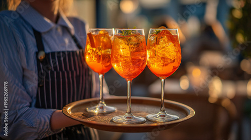 A person serving three vibrant Aperol Spritz cocktails outdoors