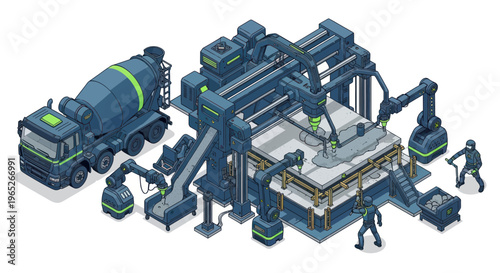 3D Concrete Printing Construction Site with Robotic Arms and Mixer Truck