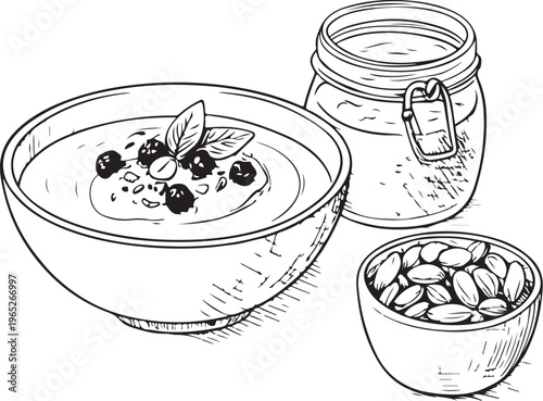 Greek breakfast (yogurt, honey, nuts) Hand-drawn Sketch Drawing Vector Illustration, Line Linear Symbol Black and White Engraving, Isolated