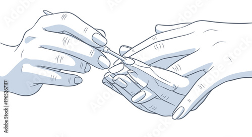 Close-up of hands receiving manicure treatment, cuticle care with metal tool
