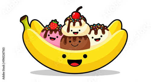 Cute Banana Split Ice Cream Dessert with Happy Faces
