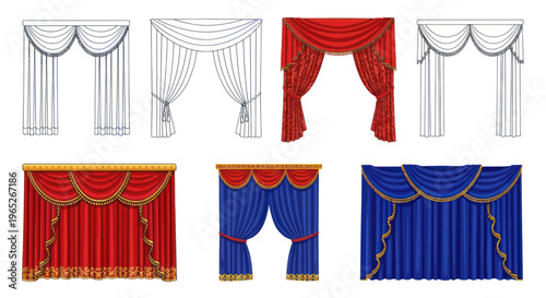 Elegant Curtains Collection: Red, Blue, and Sketch Designs