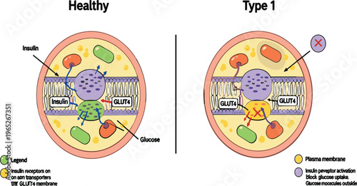Type 1 Diabetes vs Healthy Cell Comparison Diagram Showing Insulin Receptor Function, GLUT4 Transporters, and Glucose Uptake Mechanism Medical Vector Illustration