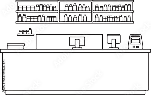 Pharmacy Counter Hand-drawn Sketch Drawing Vector Illustration, Line Linear Symbol Black and White Engraving, Isolated