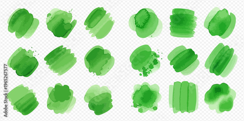 Collection of green watercolor brush strokes and paint splatters, isolated on a transparent background, perfect for design elements.