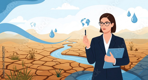 Businesswoman analyzing drought effects on environment with digital tablet and pen in dry landscape