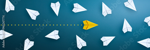 Yellow paper plane that stands out from the crowd for Business for innovative solution concept.
