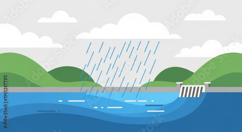 Rainy landscape with water flowing into a dammed lake or river surrounded by green hills and clouds