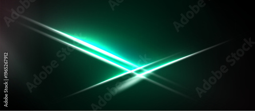 Bright green lines intersect dark background. Abstract light flares create dynamic visual effect. Minimalist design emphasizes luminosity.