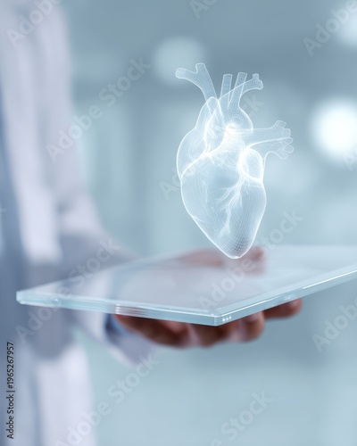 Doctor hand holding a transparent tablet showing a 3D heart scan, futuristic clinic