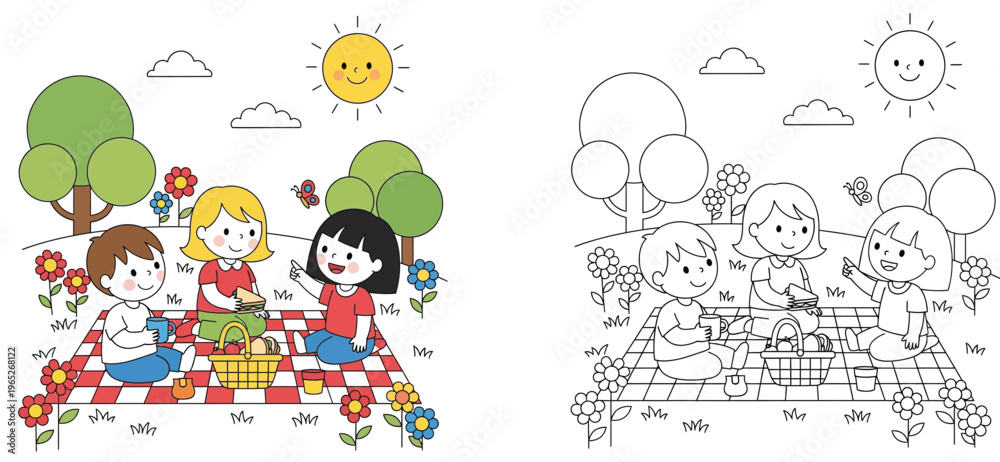 Obraz premium Cute Children Having a Picnic in the Park Coloring Page and Color Illustration Set, Kids Outdoor Activity Educational Worksheet Vector Illustration with Sun and Flowers