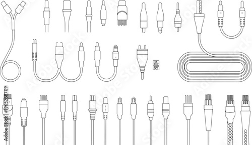 Line drawings of electronic cables and connectors including USB, RCA, audio jacks, coaxial, multi‑pin plugs in coiled and straight configurations